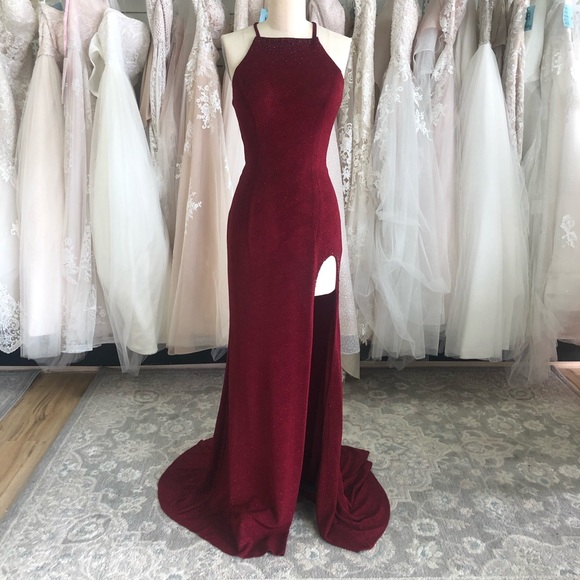 Burgundy, High Neck, High Slit Prom Dress fitted - Picture 5 of 8